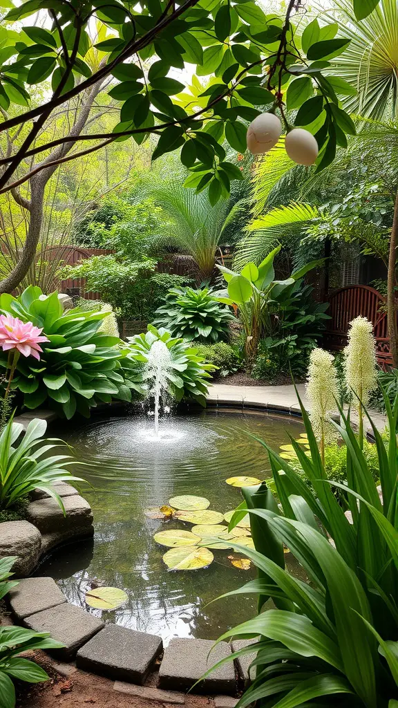 A serene small garden featuring a pond with a fountain, surrounded by lush green plants and lily pads.