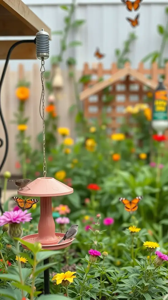 A small garden with colorful flowers, a bird feeder, and butterflies fluttering around.