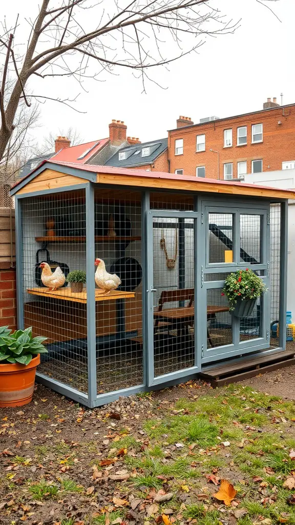 A modern industrial-style chicken coop with gray walls and a wooden roof, featuring two chickens inside and potted plants outside.