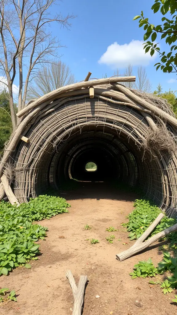 A natural chicken tunnel made from branches and wire, surrounded by greenery.