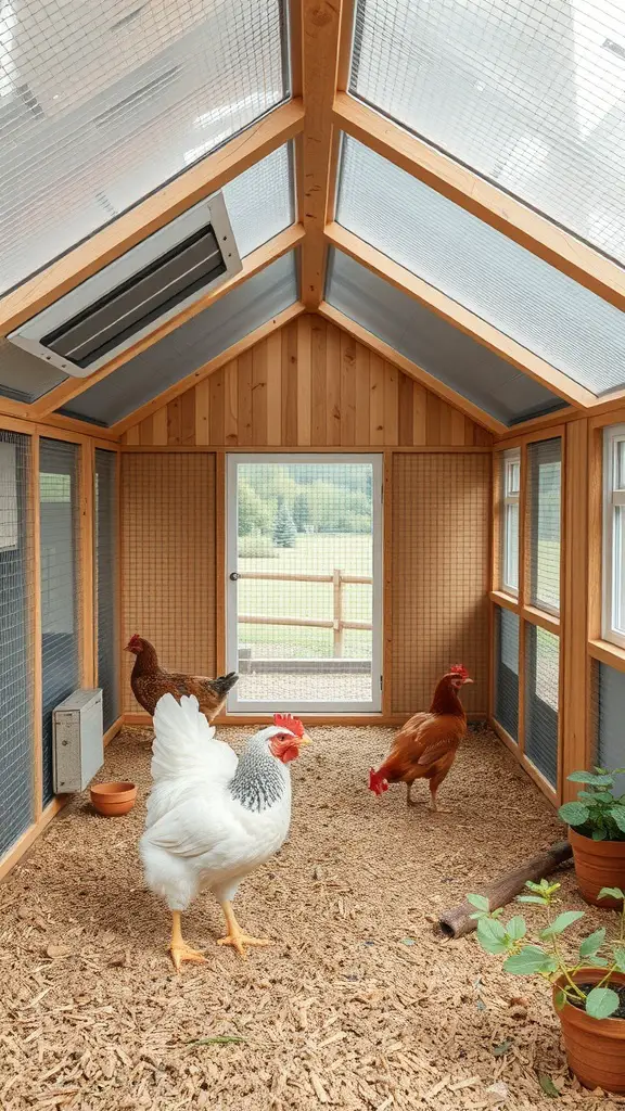 Interior of a modern chicken coop with ventilation system and chickens
