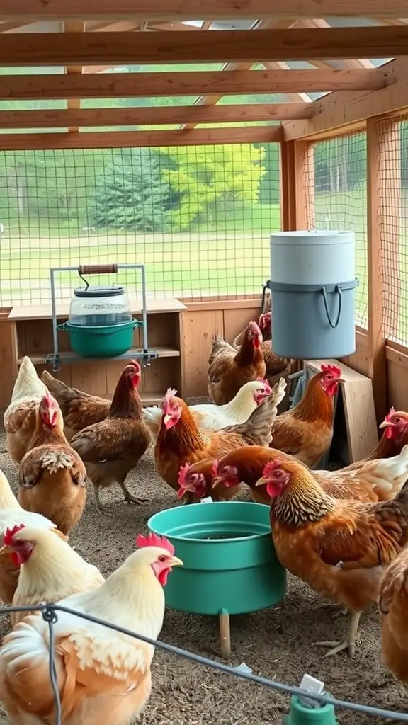 A cozy chicken coop with several hens gathered around green feeding stations and a water container.