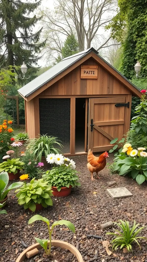 A wooden chicken coop surrounded by colorful flowers and a chicken in the garden.