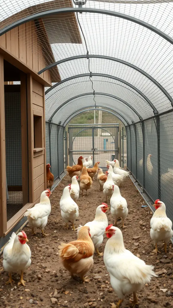 A chicken tunnel connecting to a coop with chickens roaming inside.