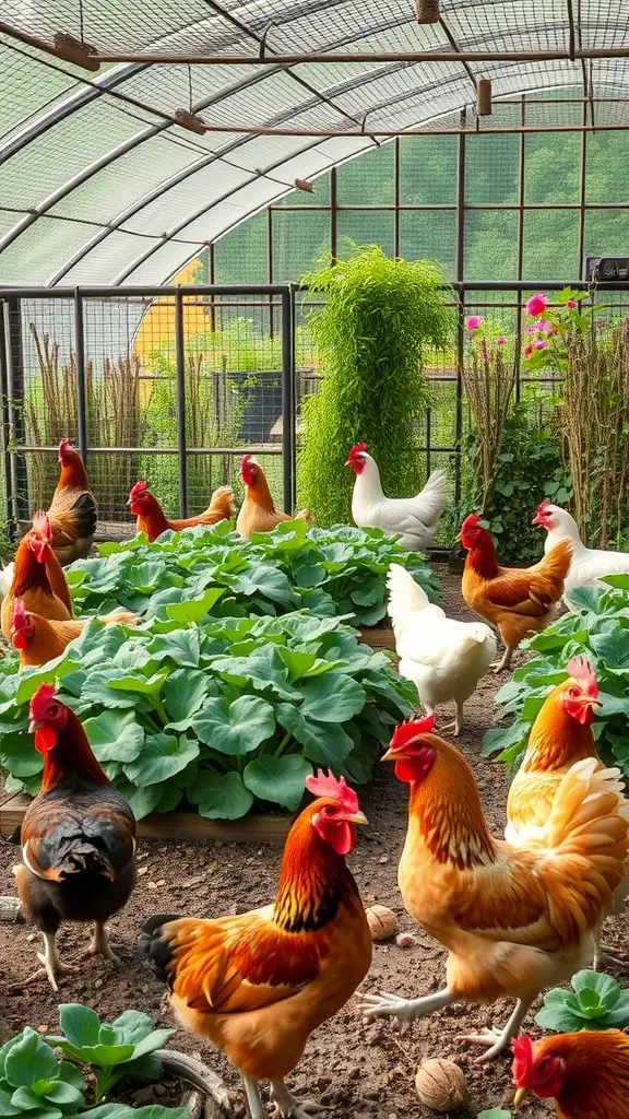 Chickens roaming in a garden with green plants in a greenhouse.