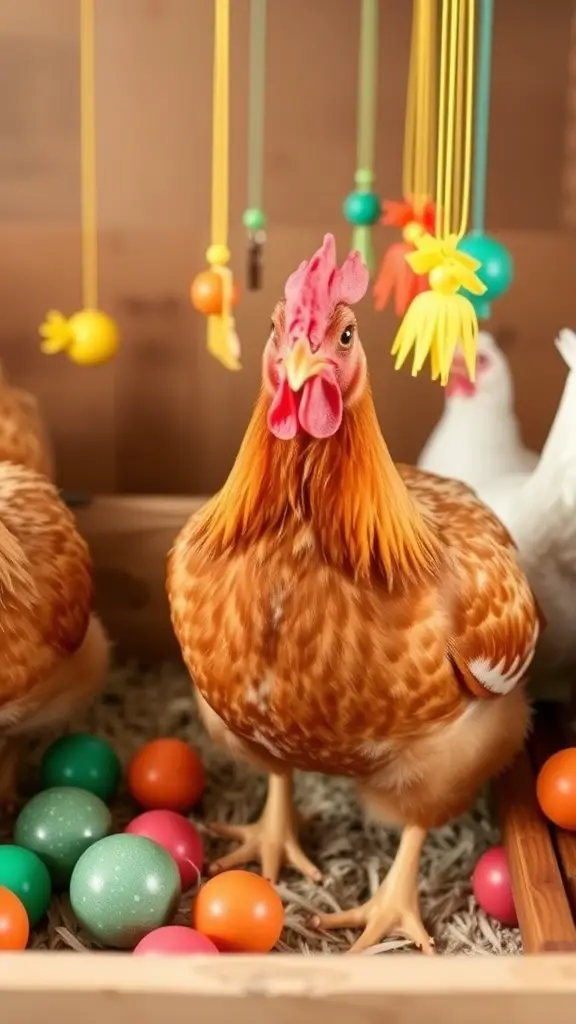 A hen standing in a box with colorful balls and hanging toys, showcasing interactive chicken toys.