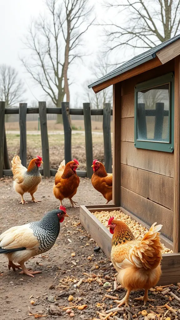 Chickens gathered around a wooden feeding station filled with food.