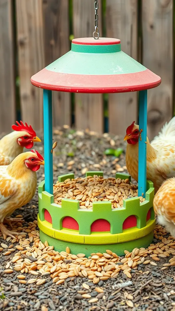 Colorful interactive puzzle feeder with chickens foraging around it