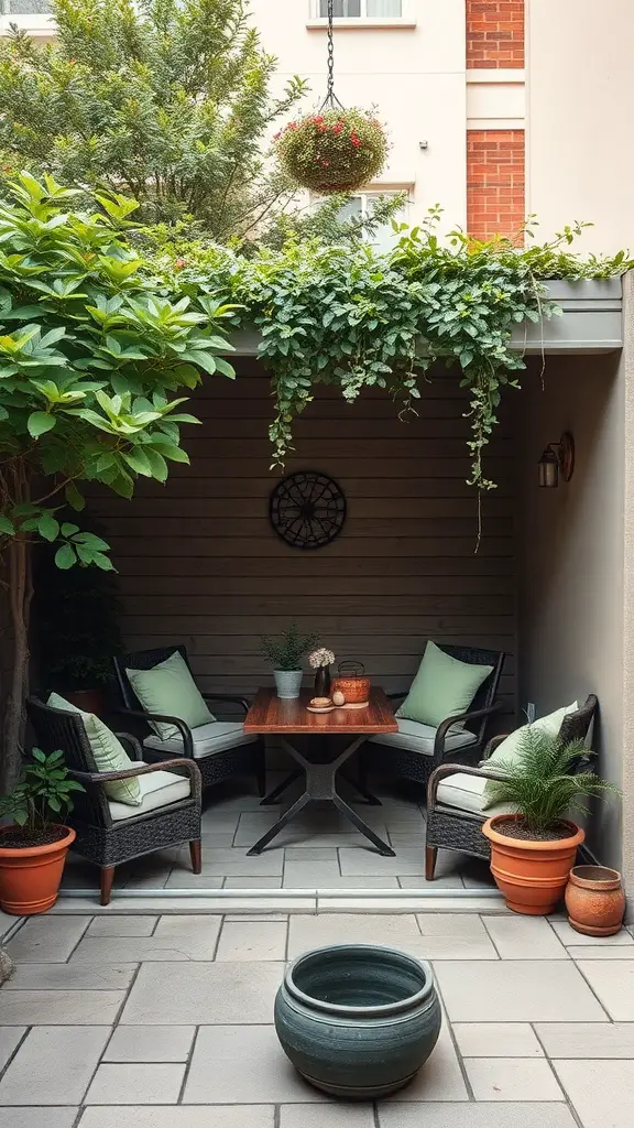 Cozy outdoor patio with comfortable seating, greenery, and a small table