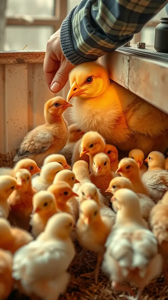 A hand gently interacts with fluffy chicks in a warm brooder, creating a nurturing environment.