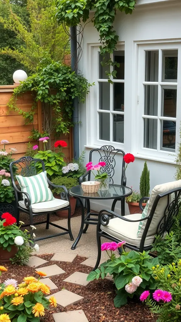 Cozy garden seating area with two chairs, a glass table, and colorful flowers.