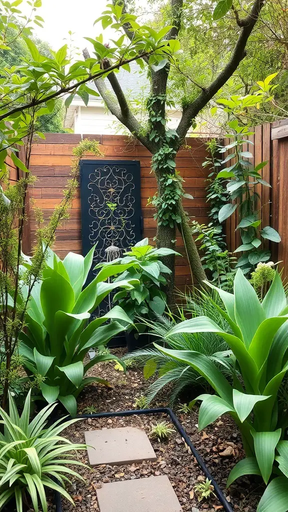 A small backyard with layered plants, featuring a tree, decorative panel, and various greenery.