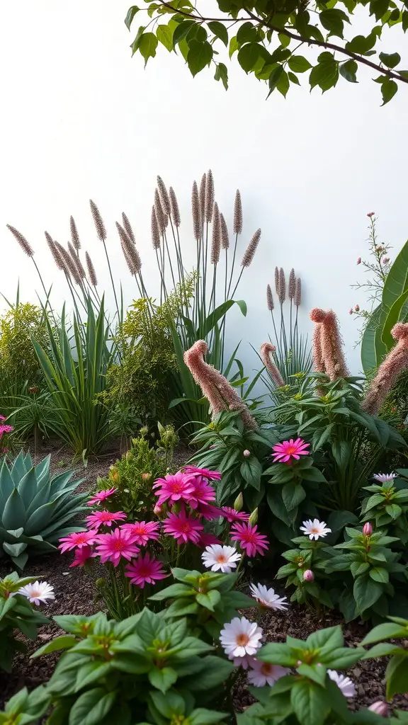 A small garden featuring layered plants including tall grasses and colorful flowers.