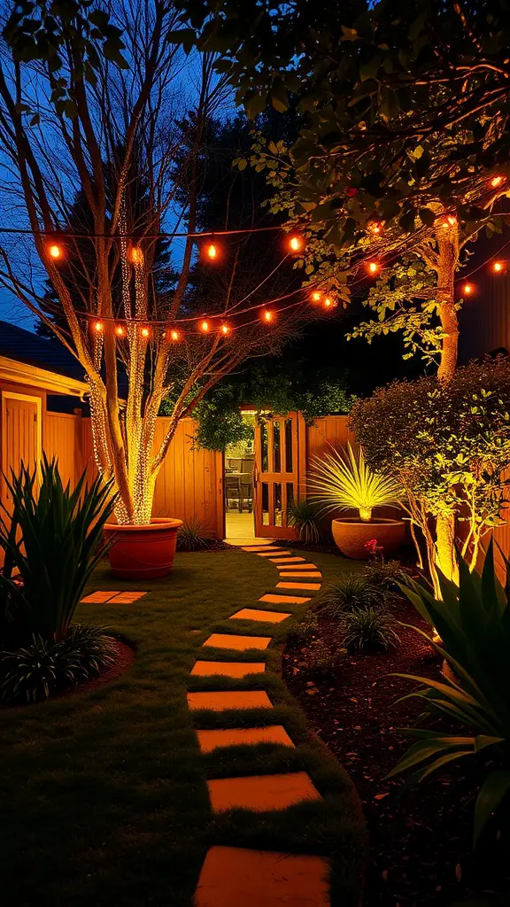 A small backyard at night with warm string lights and illuminated pathway.