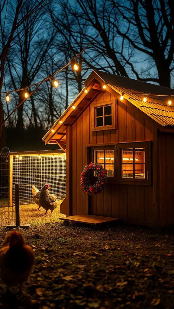 A beautifully lit chicken coop with string lights at dusk, featuring chickens in the foreground.