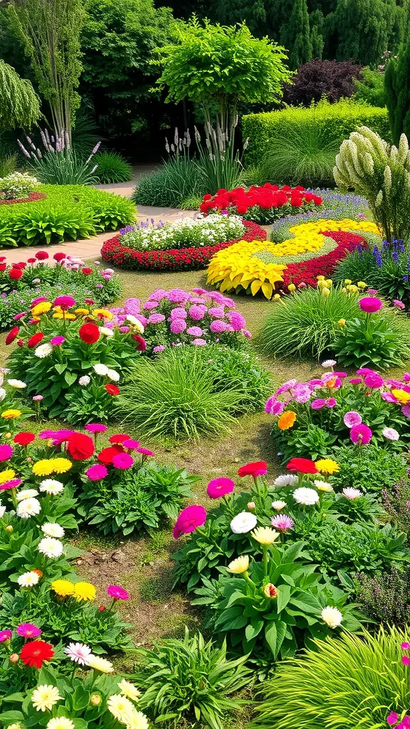 A vibrant garden filled with colorful flowers and lush greenery.
