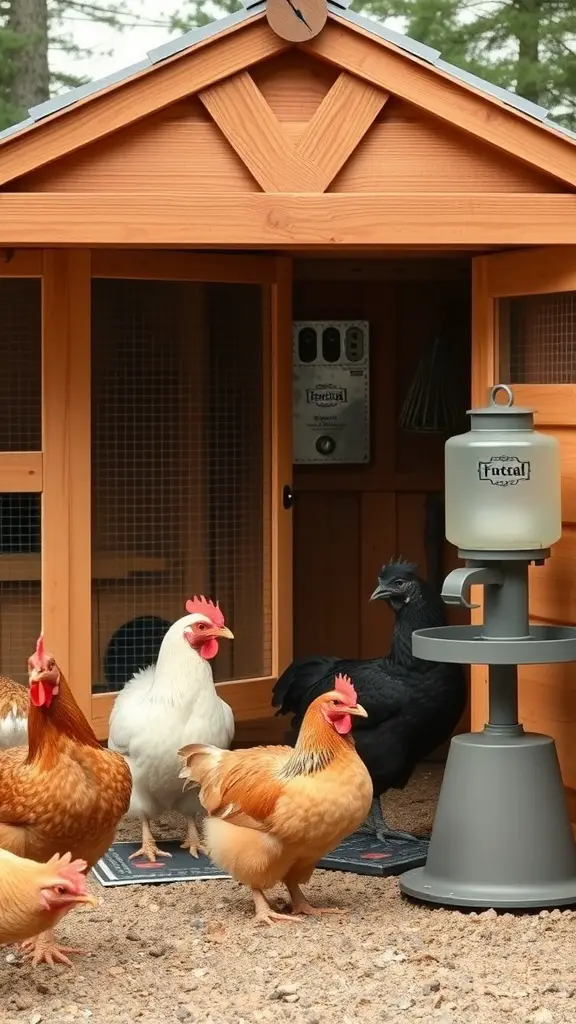 A luxurious chicken coop with wooden design and modern accessories, featuring several chickens outside.