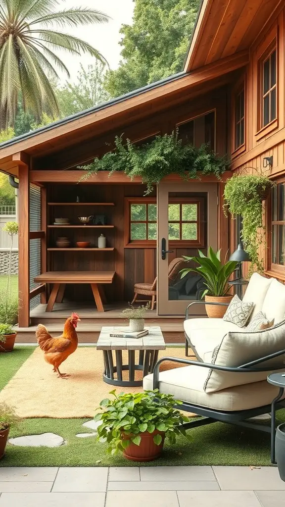 Luxury chicken coop with outdoor lounge area featuring a cozy seating arrangement and a chicken in the foreground.