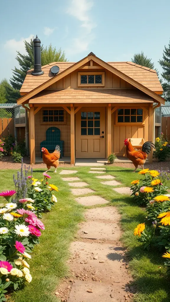 A luxury chicken coop with a run and colorful flower garden, featuring two chickens in a vibrant outdoor setting.