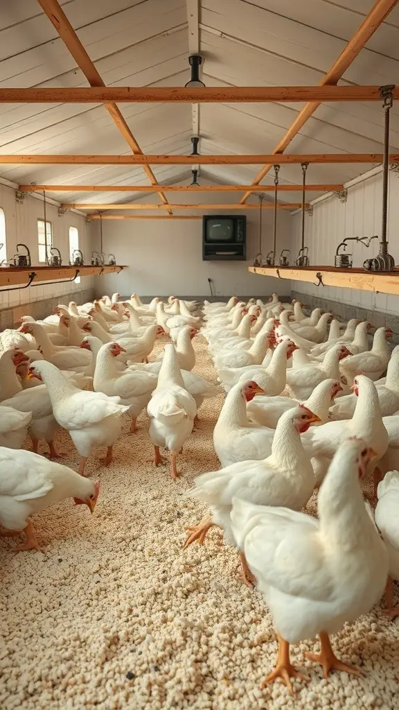 Interior view of a chicken coop with white chickens and bedding on the floor.