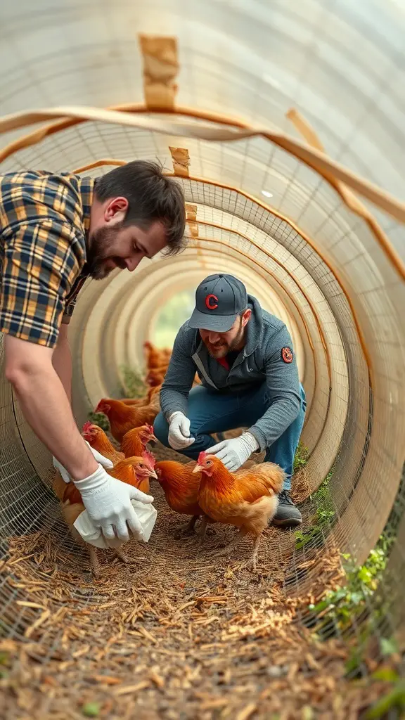 A person inspecting a chicken tunnel with chickens on either side.