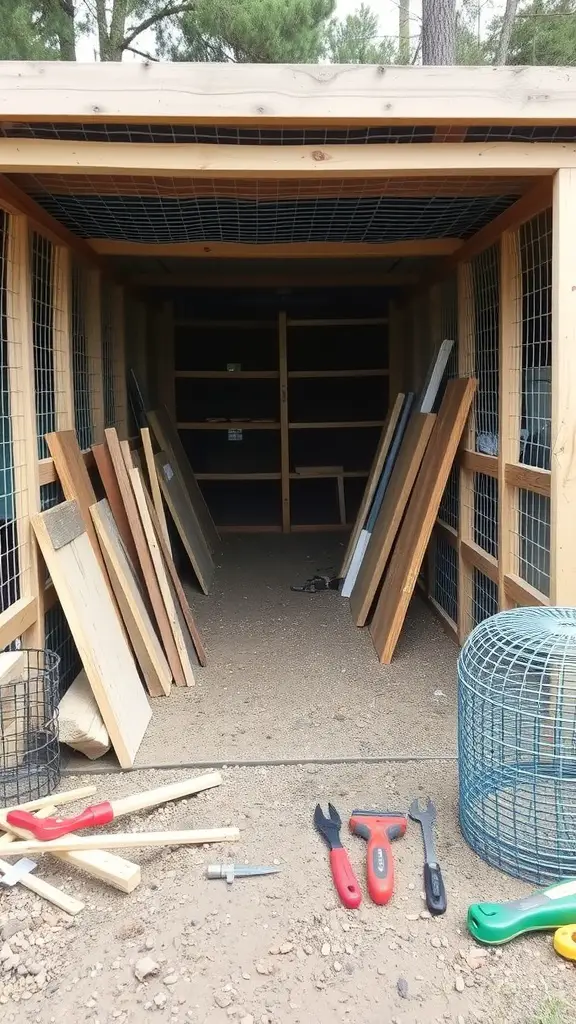 A collection of materials for building a chicken tunnel, including wooden boards, tools, and wire mesh.