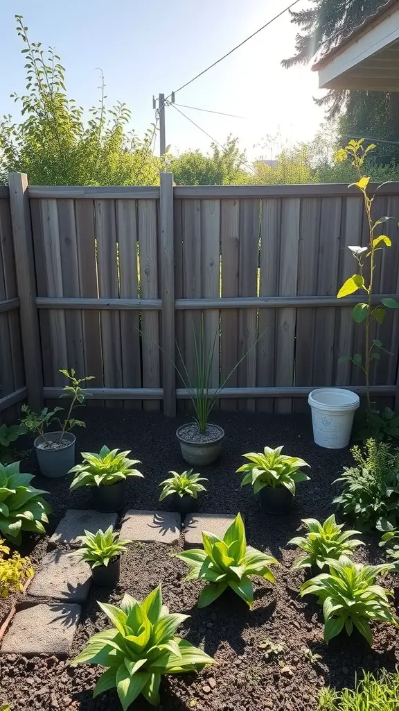 A small garden with various potted plants arranged to maximize sunlight exposure.