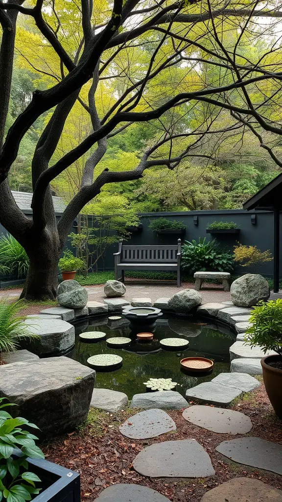 A peaceful meditation area with a pond, stones, and a bench surrounded by greenery.