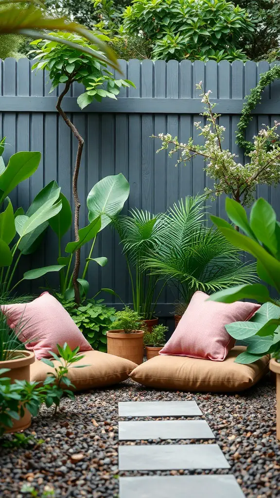 A serene meditation corner in a garden with soft cushions and lush greenery.