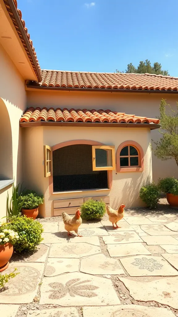 Mediterranean style chicken coop with terracotta roof and two chickens outside