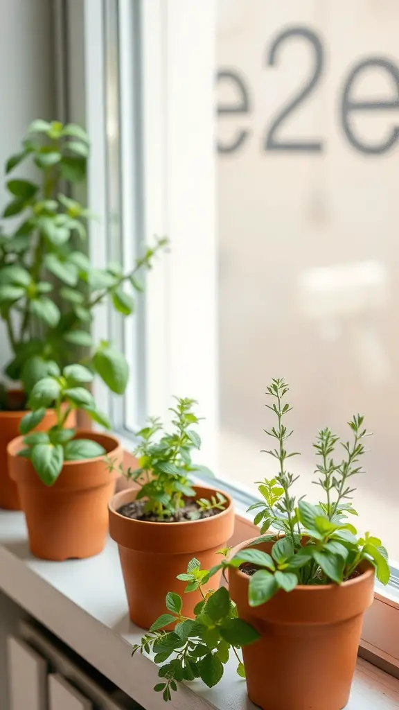 A row of small potted herbs on a windowsill, including basil and mint.