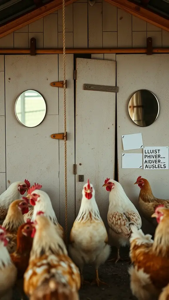 Chickens in front of a coop with round mirrors on the walls.