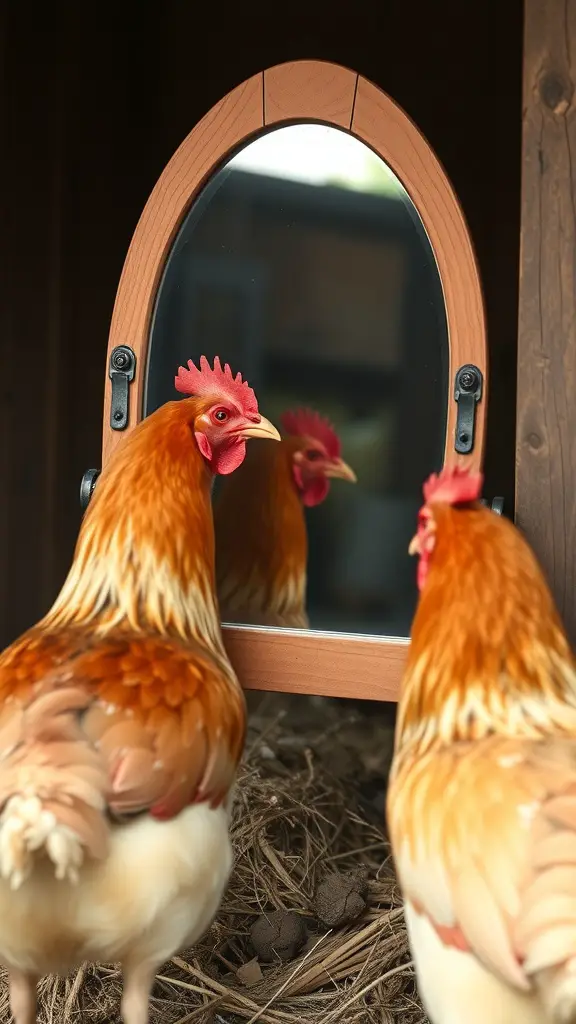 Two chickens looking at their reflection in a mirror.