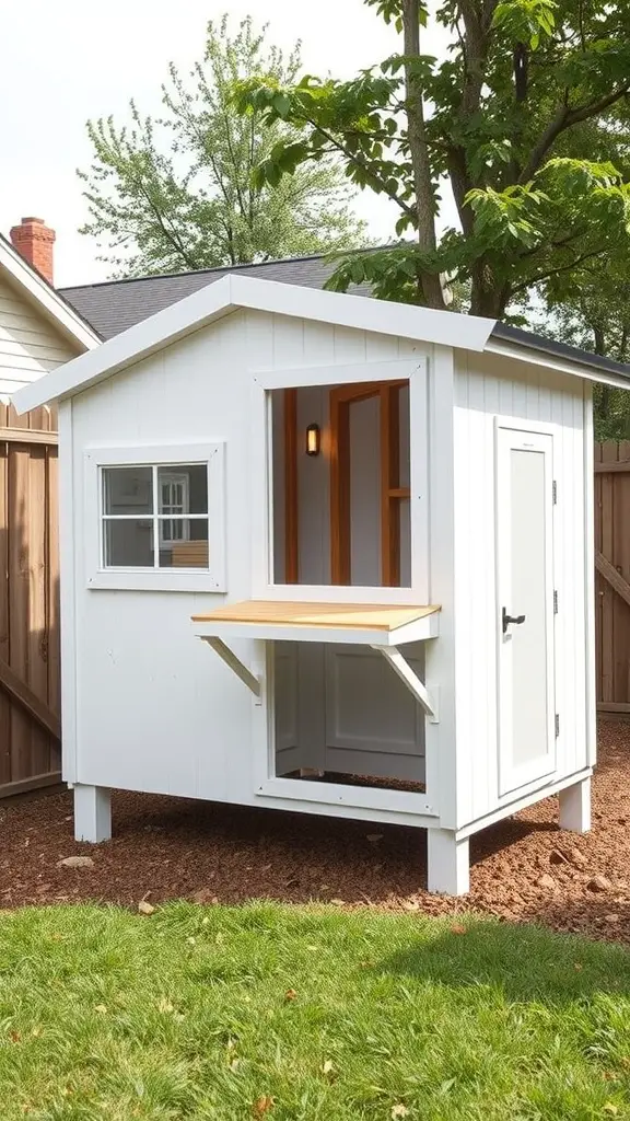 A modern minimalist chicken coop with a white exterior and a small porch area.