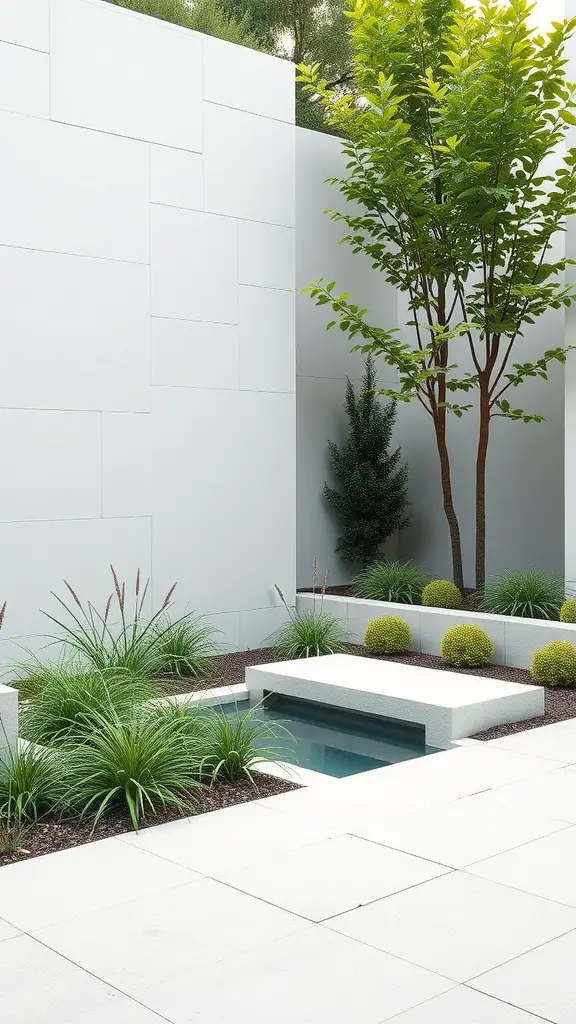 A modern minimalist garden featuring a white wall, a small water feature, and neatly arranged greenery.