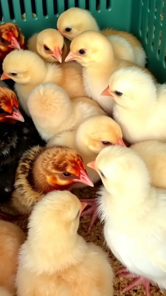 A group of young chicks huddled together in a brooder.