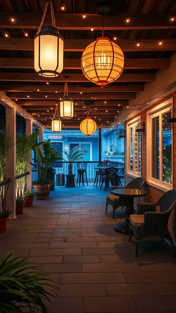 A cozy outdoor patio with hanging lanterns and string lights, featuring plants and seating.