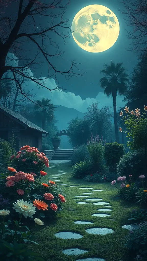 A moonlit garden with vibrant flowers and a stone path leading to a cozy cottage.