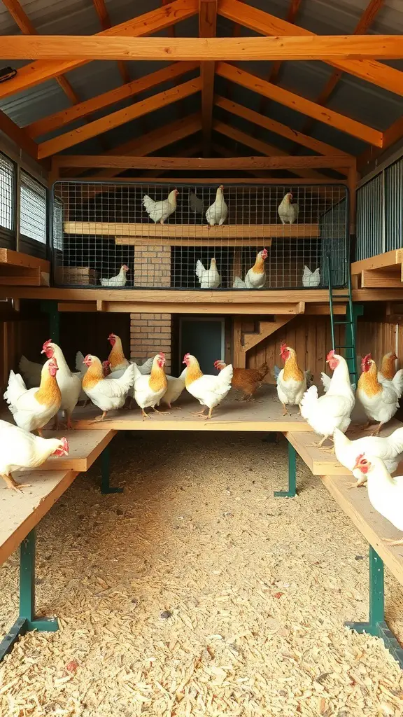 Multi-level chicken run with chickens on different levels