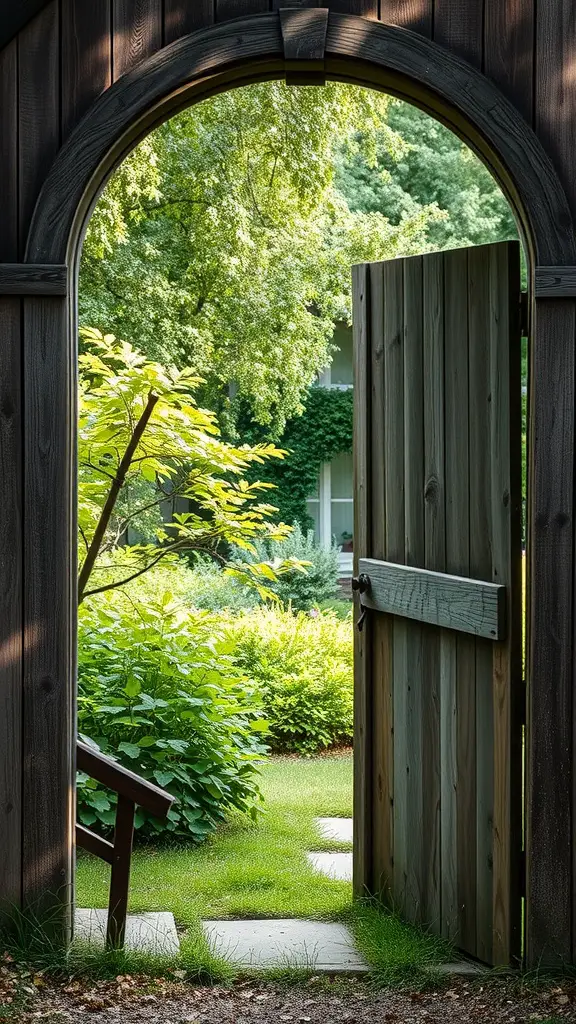 A wooden garden gate slightly open, revealing a lush green garden with a path and a bench.