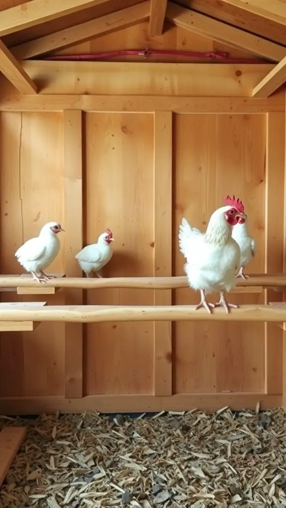 Chickens perched on wooden bars inside a coop