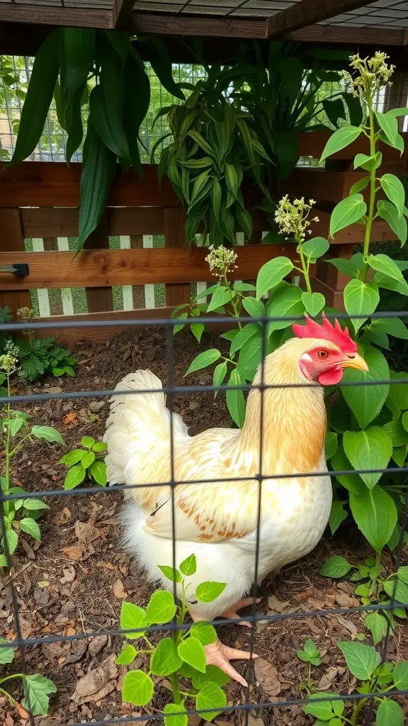 A chicken in a fenced run with various plants around it.