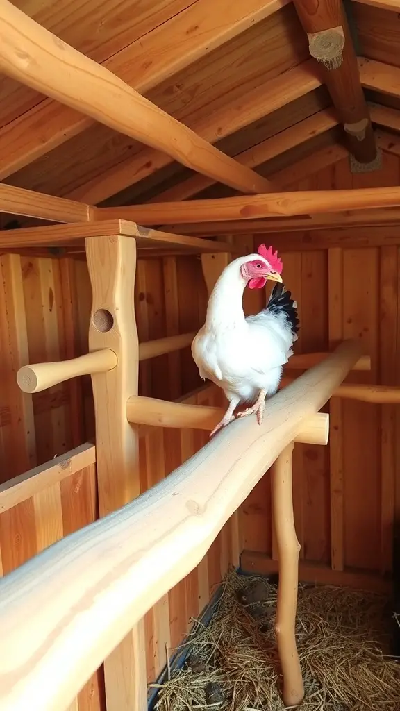 A chicken standing on a wooden roosting perch inside a coop.