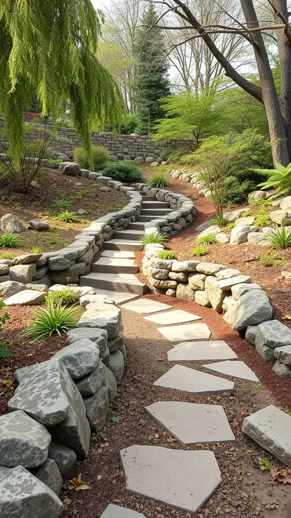 A winding stone pathway in a lush garden, surrounded by greenery and natural stone features.