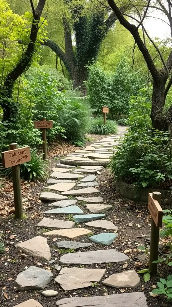 A winding stone path through a lush garden with wooden signs marking different directions.