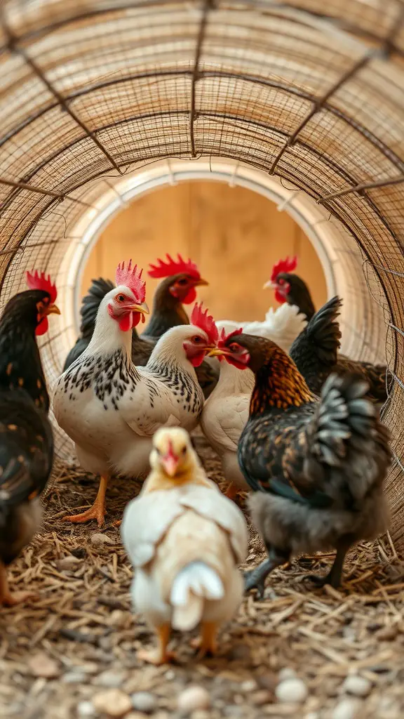 A group of chickens inside a tunnel, exploring and interacting with each other.