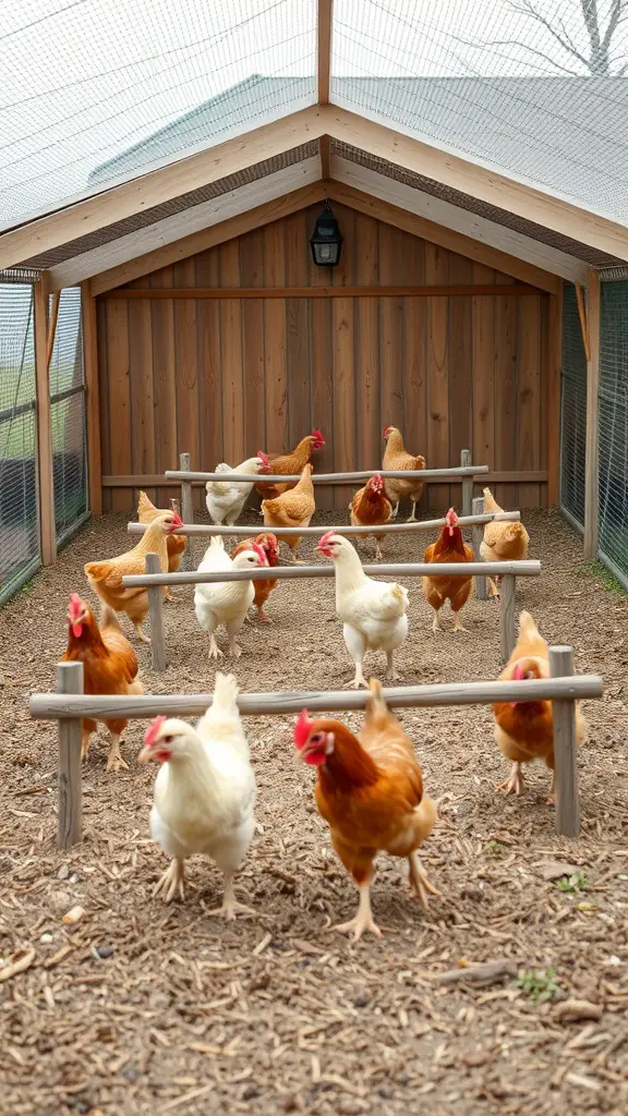 Chickens in a coop navigating an obstacle course with wooden bars.