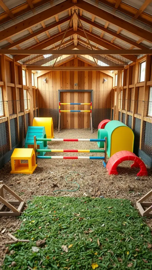Colorful chicken obstacle course with tunnels and jumps
