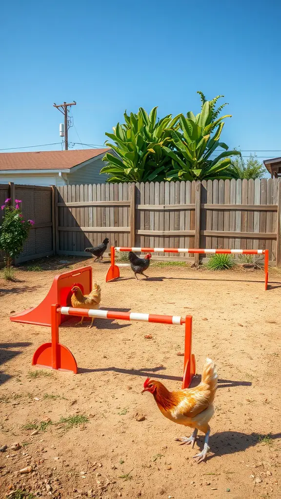 Chickens navigating an obstacle course with ramps and hurdles in a sunny backyard.