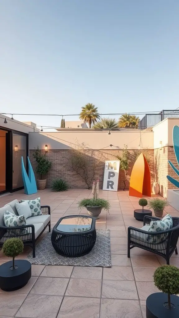 A modern outdoor patio featuring colorful art installations and comfortable seating.
